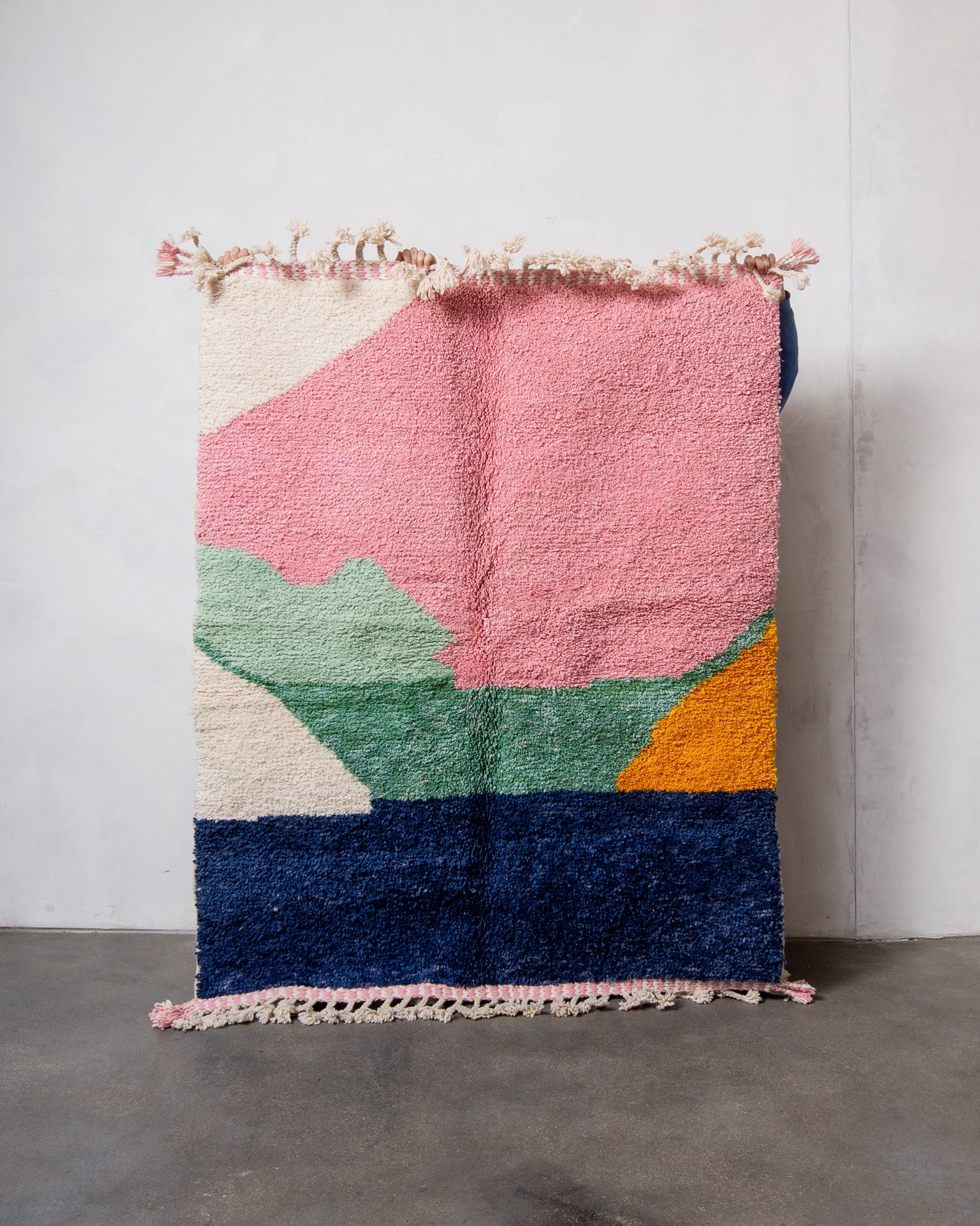 Modern, designer, handcrafted Berber rug from Morocco. Beniourain carpet with beautiful colours and patterns and fluffy wool texture.
